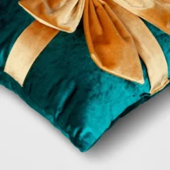 16"x6" Christmas Green Velvet Square Pillow With Teal Bow - Wondershop™ -Christmas Supply Store GUEST 12cd500e 851a 448c b5f6 f47520195518