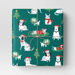 30" 50 Sq Ft Christmas Roll Wrap Illustrated Dogs On Green - Wondershopâ˘