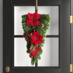 28" Decorated Pine And Poinsettia Flowers Hanging Christmas Artificial Swag - Wondershopâ˘