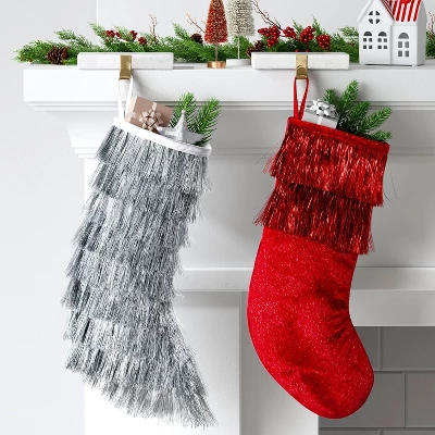 20" Christmas Tinsel Collar Stocking Red - Wondershop™ 3 20" Christmas Tinsel Collar Stocking Red - Wondershop™