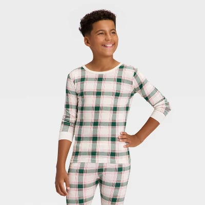 Kids' Plaid Ribbed Long Sleeve Shirt And Pants Holiday Matching Family Pajama Set - Wondershop™ Cream 4 Kids' Plaid Ribbed Long Sleeve Shirt And Pants Holiday Matching Family Pajama Set - Wondershop™ Cream - Image 2