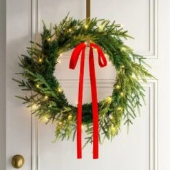 28" Christmas Led Mixed Norfolk And Cedar Wreath With Red Velvet Bow - Wondershopâ˘