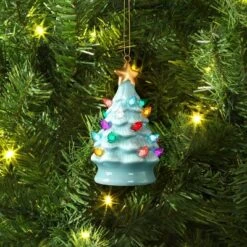 4" Christmas Lit Ceramic Retro Christmas Tree Ornament Blue - Wondershopâ˘