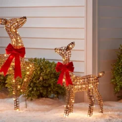 LED Faux Rattan Fawn With Red Bow Christmas Novelty Sculpture Light - Wondershopâ˘