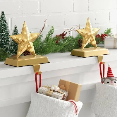 2pk Christmas Lit Metal Perforated Star Stocking Holder Gold - Wondershop™ 3 2pk Christmas Lit Metal Perforated Star Stocking Holder Gold - Wondershop™